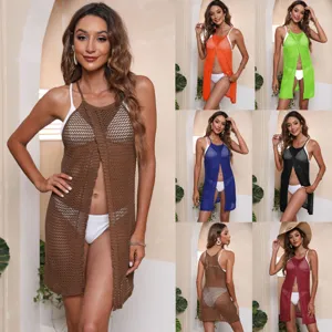 Women Halter Neck Acrylic Crochet-look Openwork Bikini Cover-up Sexy Beach Vacation Sun Protection Clothing Swimwear Jacket