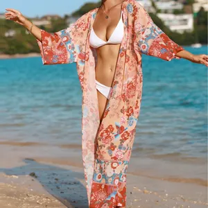 Boho Blumenprint langer Strand Kimono Ueberwurf fuer Damen, stylisches Urlaubs-Strandkleid.