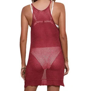 Sexy burgundy crochet bikini cover-up with halter neck and open back for beach