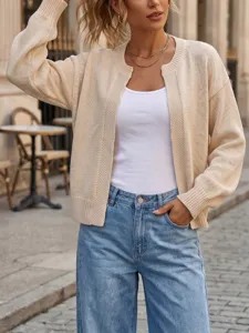 Donna cardigan in maglia beige casual aperto sul davanti a maniche lunghe moda stile