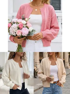 Cardigan Aperto Casual da Donna Tinta Unita Manica Lunga Girocollo Maglieria Larga Autunno Inverno Moda Maglione Cappotto