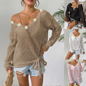 Jersey de punto calado con cuello en V para mujer top casual de manga larga con lazo floral