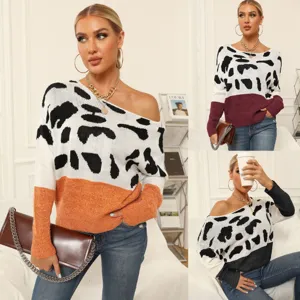 Suéter Casual de Acrílico con Estampado de Leopardo Patchwork Cuello Barco Manga Larga Otoño Invierno Moda Ropa de Punto