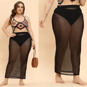 Gonna Maxi in Rete Trasparente Nera Taglie Forti Donna Sexy a Vita Alta Copricostume da Spiaggia Gonna Lunga Dritta