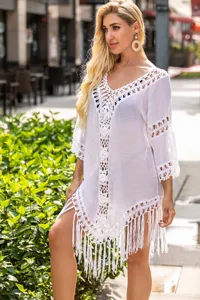 Blanche couverture de plage crochet franges vacances évidé gland robe de plage tenue