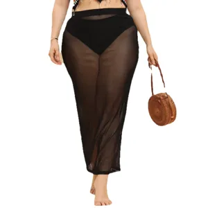 Gonna lunga in rete trasparente taglie forti copricostume da mare nero donna