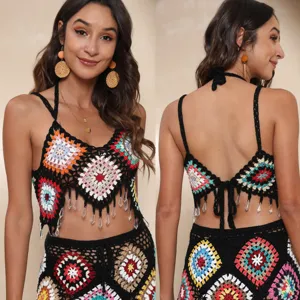 Women Bohemian Colorful Crochet Polyester Halter Cami Crop Top Beach Vacation Strappy Tassel Knitted Sleeveless Tank
