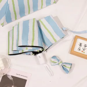 Blue and green striped automatic UV umbrella featuring a portable folding design