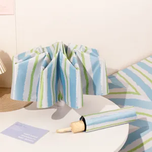 Automatic portable UV protection umbrella with blue and green stripes and wooden handle