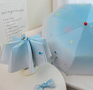 Close-up detail of the cute light blue folding sun umbrella with charming star patterns.