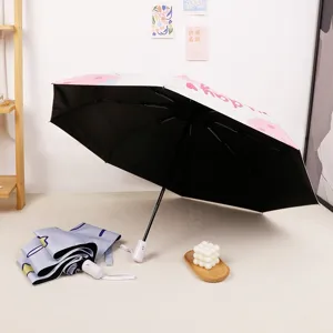 Parapluie pliable motif lapin fraise rose et blanc avec revêtement anti-UV noir