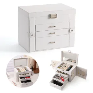 Boîte à Bijoux en Cuir PU Grande Capacité Avec Miroir Coffret de Rangement Multicouche Pour Boucles d'Oreilles Colliers Bagues Bracelets Montres Organisateur de Bijoux Portable