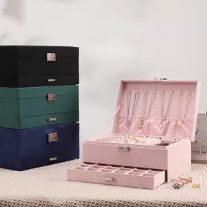Vintage Velvet Jewelry Box 3 Layers Large Capacity Jewelry Organizer With Lock Retro Jewelry Case For Rings Necklaces Women