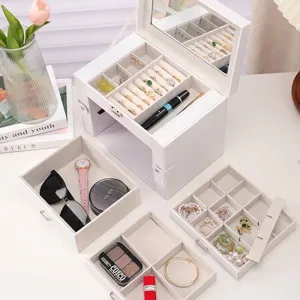 Grande boîte à bijoux blanche multifonction avec miroir et tiroirs pour rangement