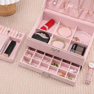 Elegant large capacity 3-tier pink flannel jewelry box organizer with secure lock