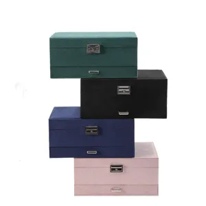Large 3-layer velvet jewelry organizer boxes with metal locks in four solid colors