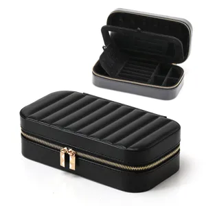Elegant black striped PU leather jewelry storage box with multi-functional interior compartments