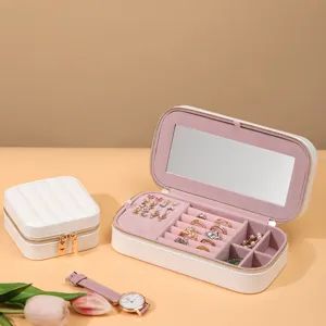 Portable white striped jewelry box with mirror for rings and earrings storage organizer