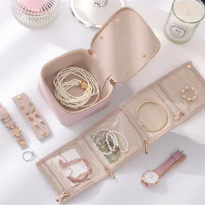 Elegant pink PU leather and velvet jewelry storage box and travel pouch organizer