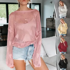 Dames Casual Lange Mouw Ronde Hals Opengewerkt Hart Patroon Losse Pullover Gebreide Trui Top