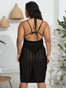 Women's black crochet halter backless beach dress plus size sexy resort wear summer maxi dress