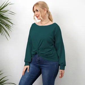 T-shirt décontracté grande taille vert foncé à manches longues avec nœud torsadé