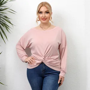 Haut à manches longues grande taille rose pour femme avec nœud torsadé asymétrique