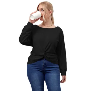 Haut élégant femme grande taille noir à manches longues avec un nœud torsadé devant