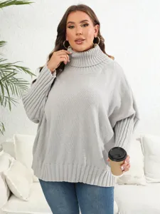Casual loose solid color turtleneck knitted sweater for women, stylish long sleeve pullover.
