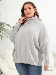 Grey plus size turtleneck knit sweater detail, cozy oversized pullover for winter.