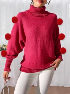 Damen roter Rollkragen Fledermausärmel Pullover Winter warme Pulli Oberteil mit Bommel Deko