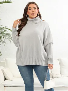 Plus size grey turtleneck sweater detail view, showcasing soft knit texture and loose fit style.