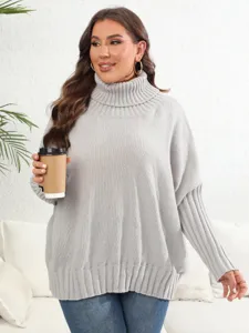 Plus size solid color turtleneck sweater, loose knit pullover for casual daily wear.