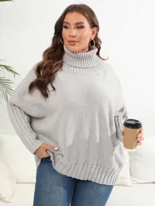 Plus size casual loose solid color turtleneck knit sweater for women, comfortable daily wear.