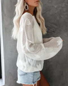 Dames Wit Opengewerkt Gebreide Trui Casual Losse Lange Mouw Trui Top Kleding