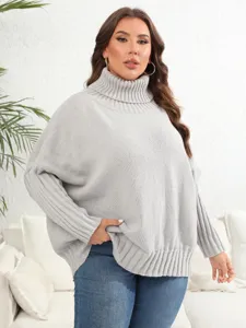 Casual plus-size grey turtleneck sweater for women, cozy knit long sleeve pullover top.