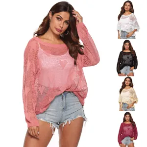 Dames losse holle mesh gebreide trui casual lange mouw pullover top met denim shorts