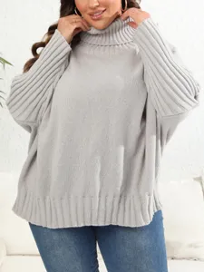 Plus size solid color turtleneck knit sweater, loose casual pullover top for women.