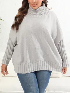 Women solid color turtleneck loose knit sweater casual pullover winter top grey fashion apparel