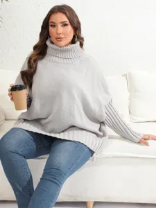 Detailed view of plus size grey turtleneck knit sweater, cozy long sleeve pullover