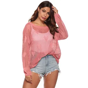 Vrouwen losse opengewerkte gebreide truien roze hart patroon casual lange mouw top