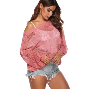 Dames Casual Roze Gebruikte Holle Gebreide Trui Hart Patroon Lange Mouwen Pullover Top