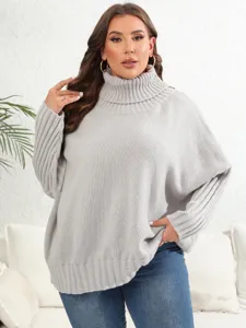 Womens oversized turtleneck knit sweater, casual solid color long sleeve pullover top detail.