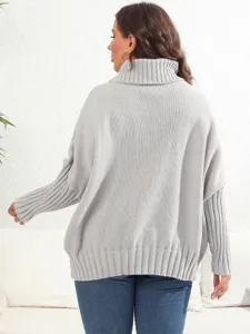 Detailed back view of a grey high-neck loose knit sweater, casual winter daily wear.