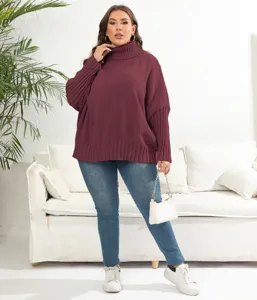 Women solid color turtleneck loose pullover sweater casual knit top for autumn and winter.