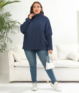 Plus size women's solid navy blue turtleneck knitted sweater, casual long sleeve pullover top.