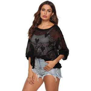 Dames opengewerkt gebreid los trui mode hart patroon zwart lange mouw top chic