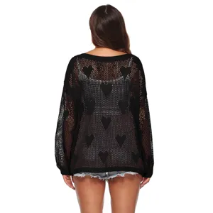 Dames zwarte opengewerkte gebreide trui losse pullover top met hartjespatroon.