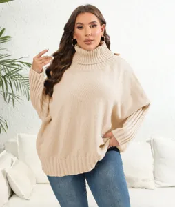 Closeup view of women plus size solid color turtleneck oversized knit sweater, cozy and stylish.