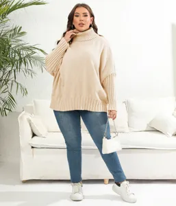 Plus size women's solid color turtleneck oversized knit sweater casual long sleeve pullover top